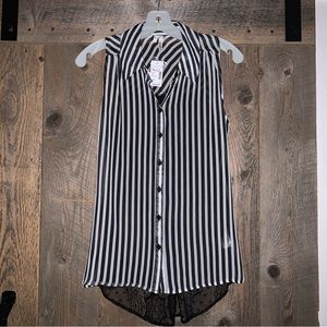 Women’s S STUDIO Y MAURICES Black White Striped Dressy Collared Lace Back Shirt